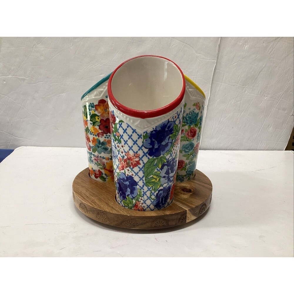 pioneer woman utensil holder 3 compartment floral medley ceramic w/wood base
